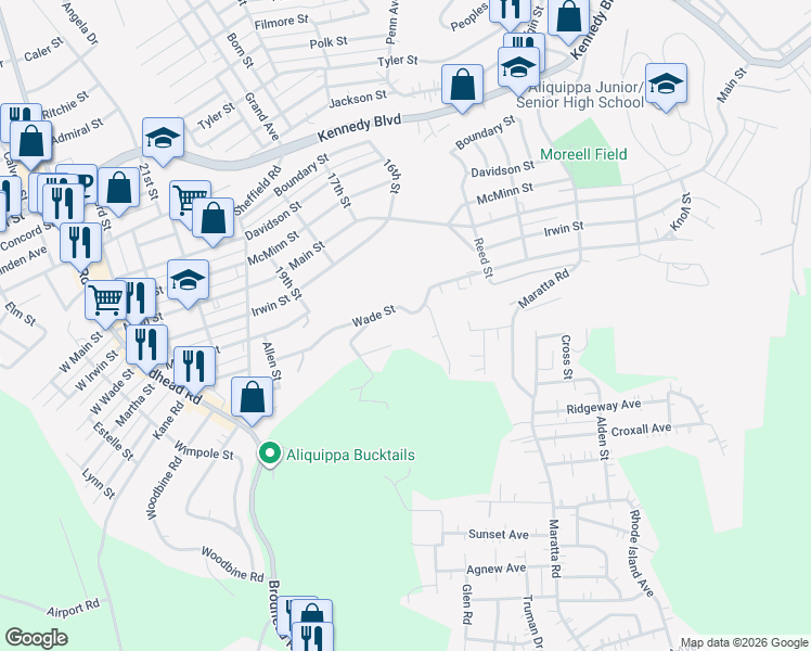 map of restaurants, bars, coffee shops, grocery stores, and more near 211 Sunnybrook Drive in Aliquippa