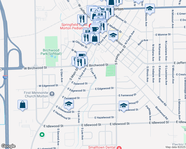 map of restaurants, bars, coffee shops, grocery stores, and more near South Lee Avenue in Morton