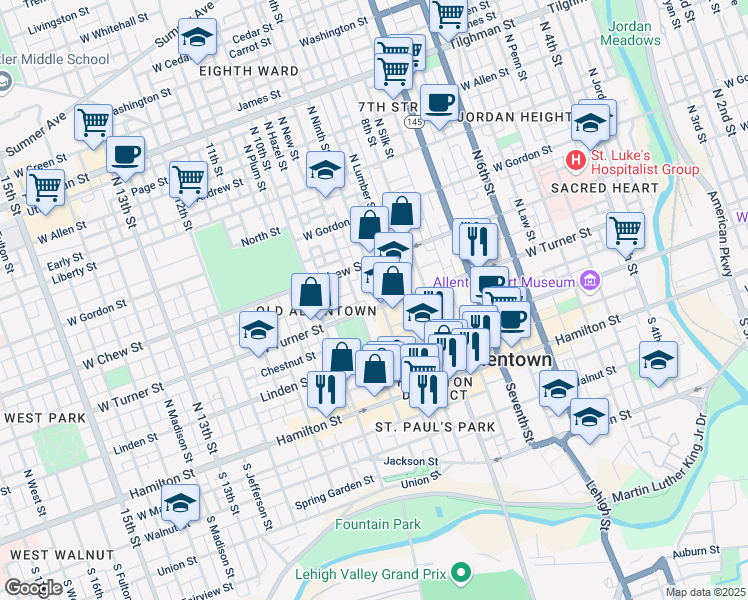 map of restaurants, bars, coffee shops, grocery stores, and more near 208 North 9th Street in Allentown