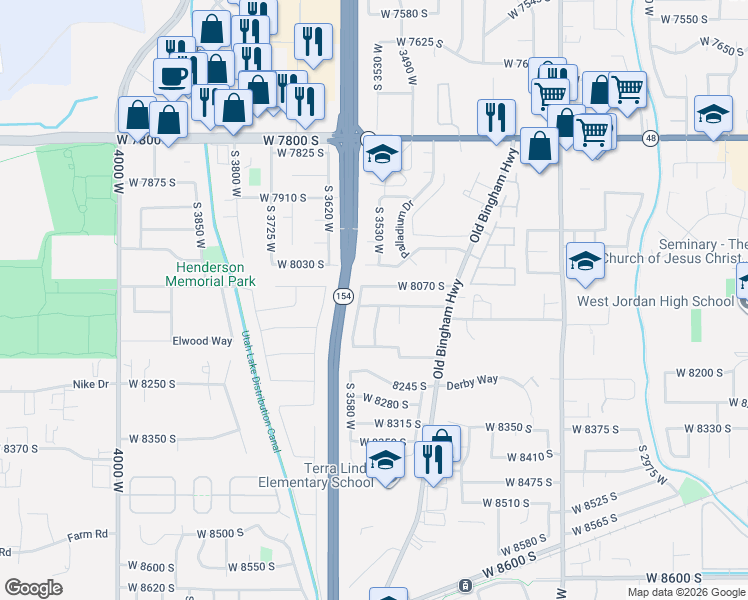 map of restaurants, bars, coffee shops, grocery stores, and more near 8121 Partridge View Lane in West Jordan