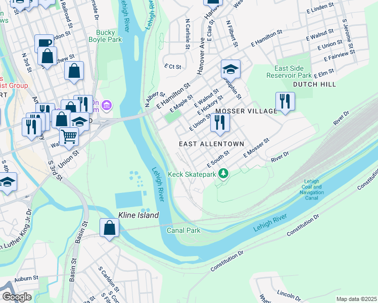 map of restaurants, bars, coffee shops, grocery stores, and more near 140 East Fairview Street in Allentown
