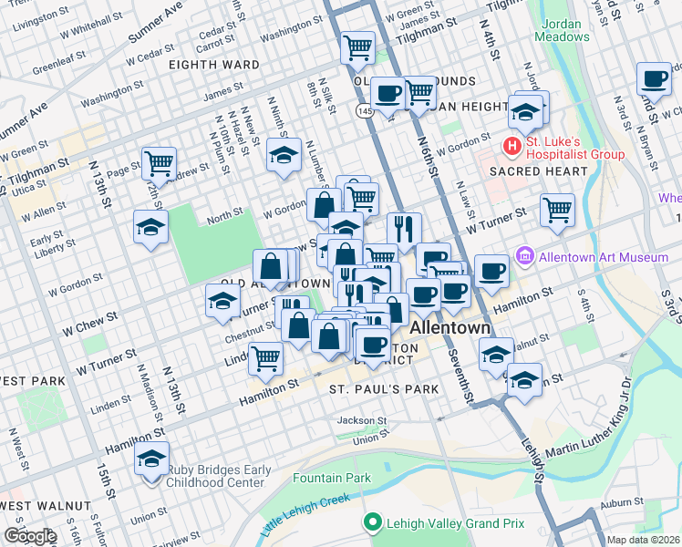 map of restaurants, bars, coffee shops, grocery stores, and more near 136 North Ninth Street in Allentown