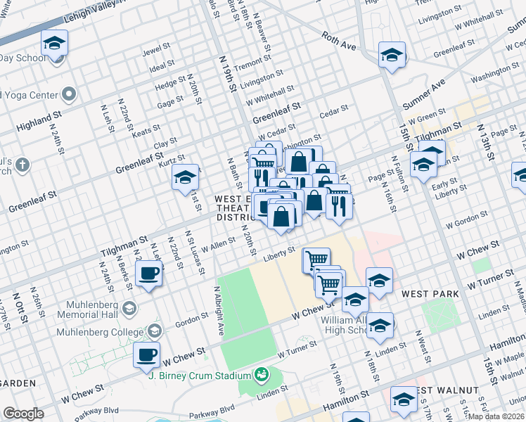 map of restaurants, bars, coffee shops, grocery stores, and more near 1919 West Allen Street in Allentown