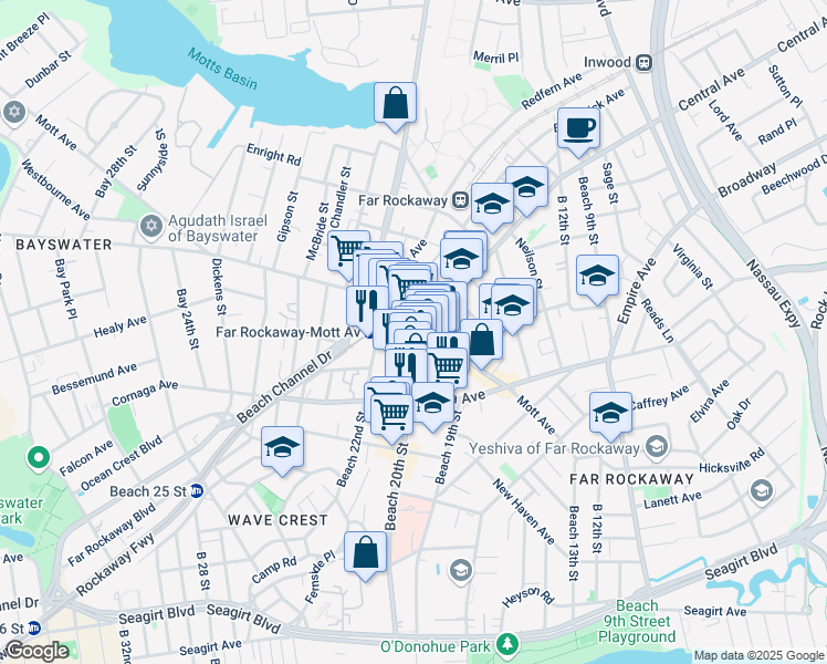 map of restaurants, bars, coffee shops, grocery stores, and more near 1046 Beach 21st Street in Queens