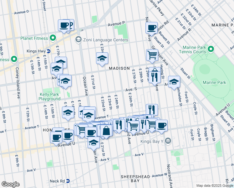 map of restaurants, bars, coffee shops, grocery stores, and more near 1940 East 24th Street in Brooklyn