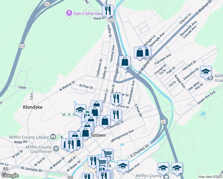 map of restaurants, bars, coffee shops, grocery stores, and more near 211 Logan Street in Lewistown