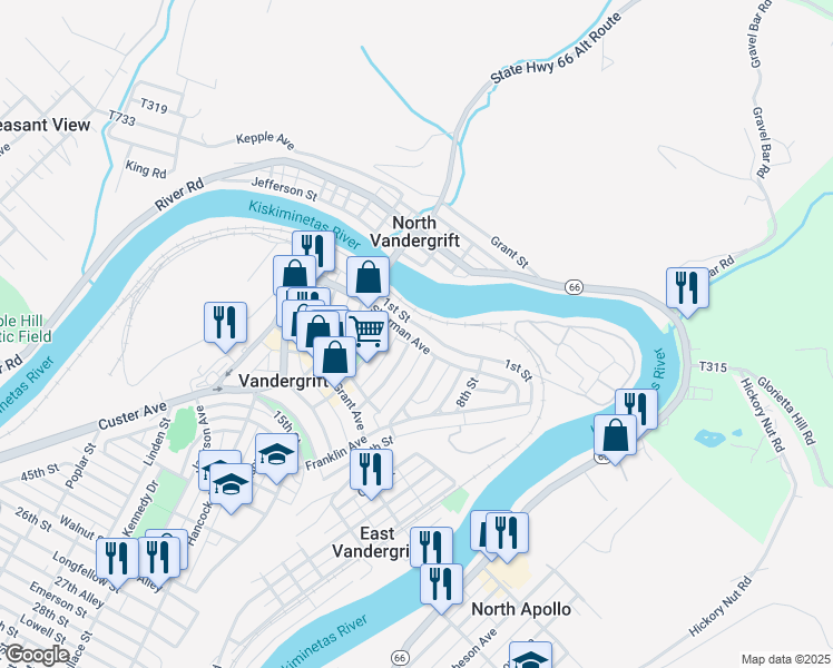 map of restaurants, bars, coffee shops, grocery stores, and more near 193 Sherman Avenue in Vandergrift