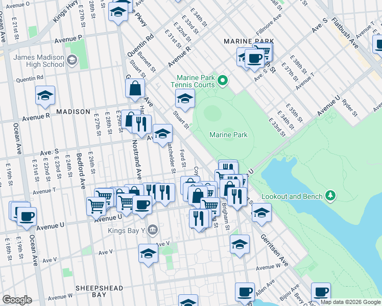 map of restaurants, bars, coffee shops, grocery stores, and more near 3041 Avenue T in Brooklyn