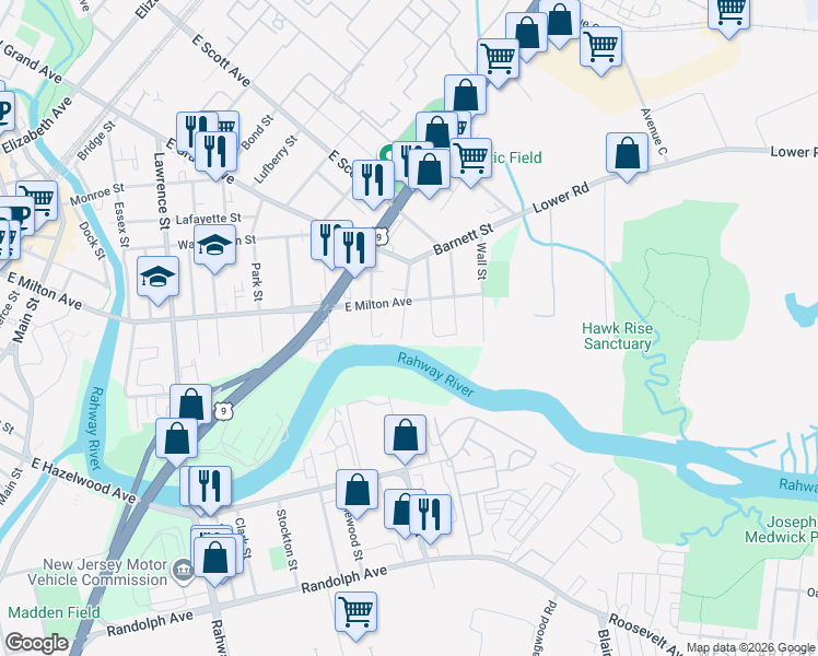 map of restaurants, bars, coffee shops, grocery stores, and more near 1853 Barnett Street in Rahway
