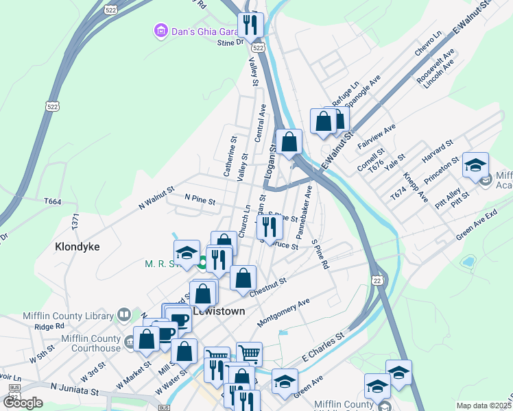map of restaurants, bars, coffee shops, grocery stores, and more near 211 Logan Street in Lewistown