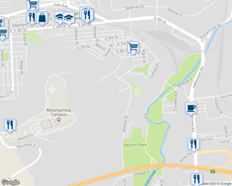 map of restaurants, bars, coffee shops, grocery stores, and more near 1501 Crest Park Court in Bethlehem