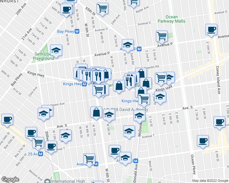 map of restaurants, bars, coffee shops, grocery stores, and more near 1802 West 4th Street in Brooklyn