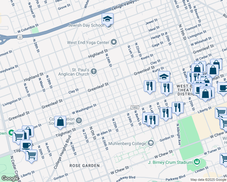 map of restaurants, bars, coffee shops, grocery stores, and more near 825 North Muhlenberg Street in Allentown