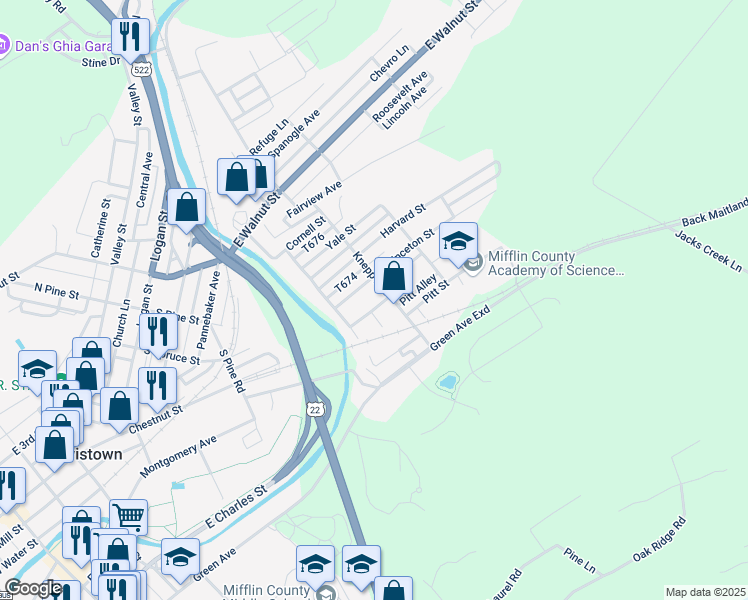 map of restaurants, bars, coffee shops, grocery stores, and more near Columbia Street in Lewistown