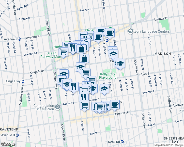 map of restaurants, bars, coffee shops, grocery stores, and more near 1855 East 12th Street in Brooklyn