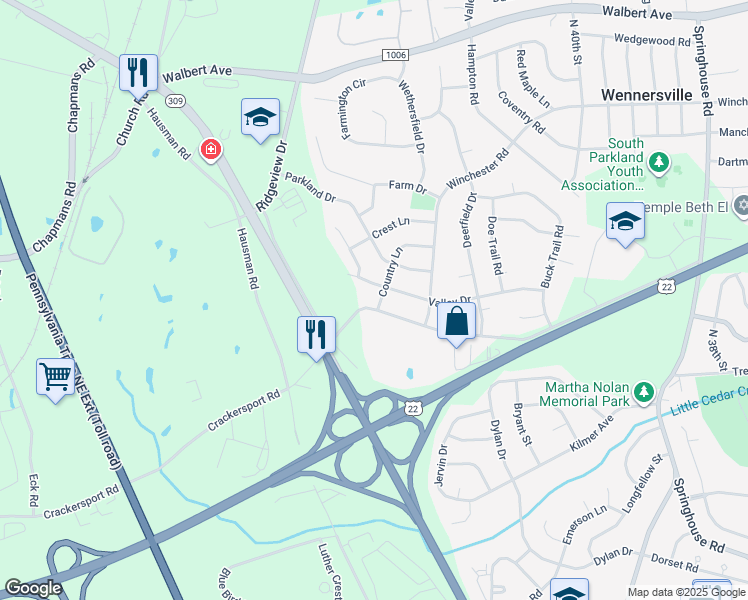map of restaurants, bars, coffee shops, grocery stores, and more near 1202 Country Lane in Allentown