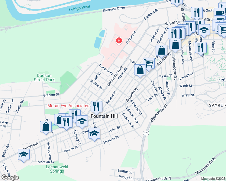 map of restaurants, bars, coffee shops, grocery stores, and more near in Fountain Hill