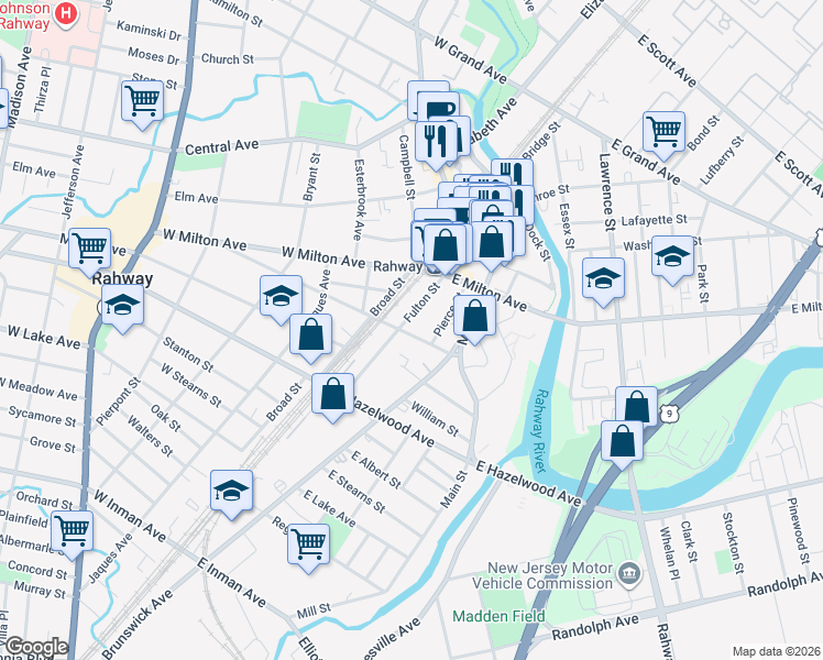 map of restaurants, bars, coffee shops, grocery stores, and more near 1287 Fulton Street in Rahway