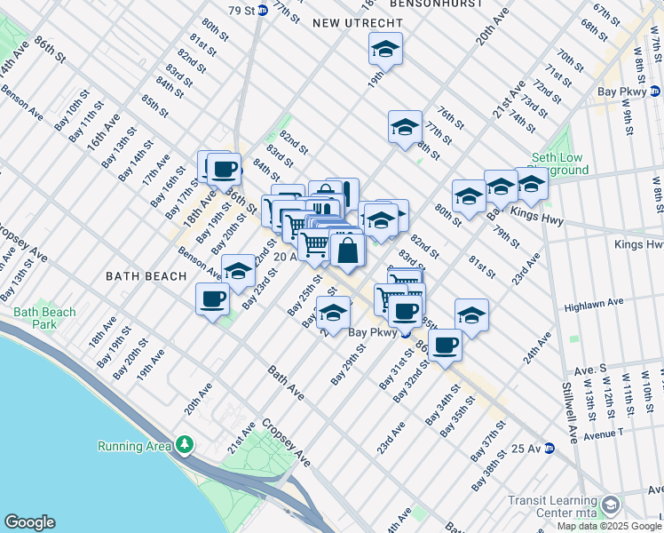 map of restaurants, bars, coffee shops, grocery stores, and more near 2033 86th Street in Brooklyn