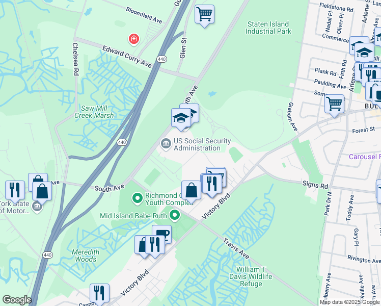 map of restaurants, bars, coffee shops, grocery stores, and more near 1 Teleport Drive in Staten Island