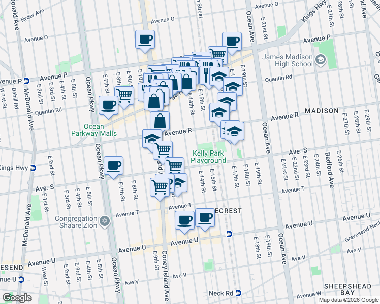 map of restaurants, bars, coffee shops, grocery stores, and more near 1825 East 13th Street in Brooklyn