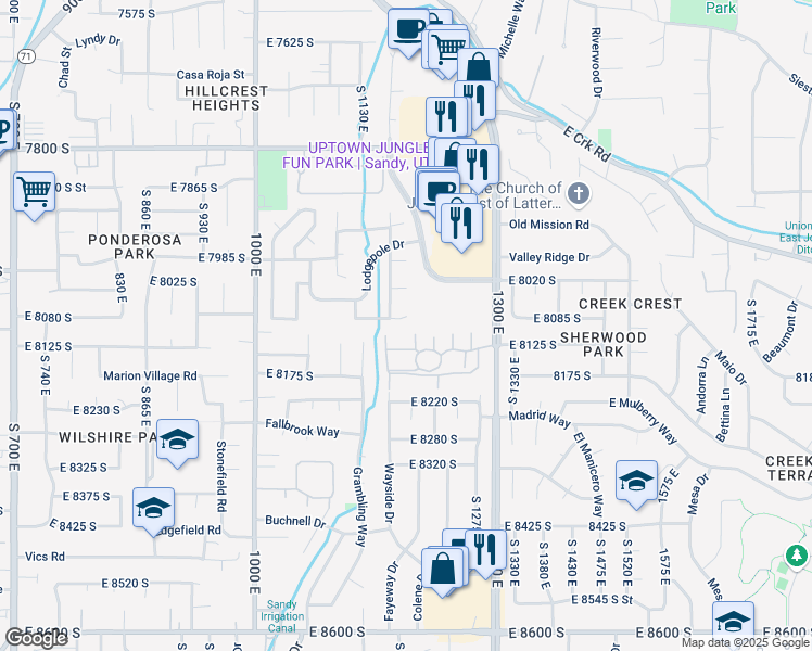 map of restaurants, bars, coffee shops, grocery stores, and more near 1222 East Big Pine Circle in Sandy