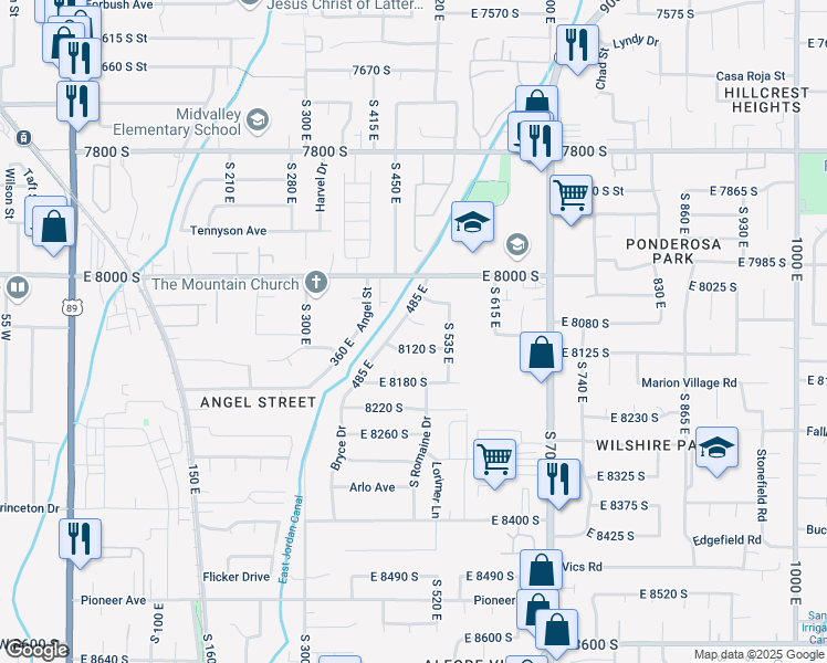 map of restaurants, bars, coffee shops, grocery stores, and more near 480 East Paty Circle in Sandy