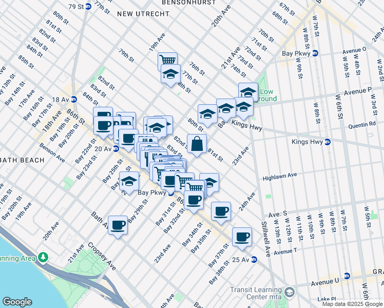 map of restaurants, bars, coffee shops, grocery stores, and more near 2154 81 Street in Brooklyn