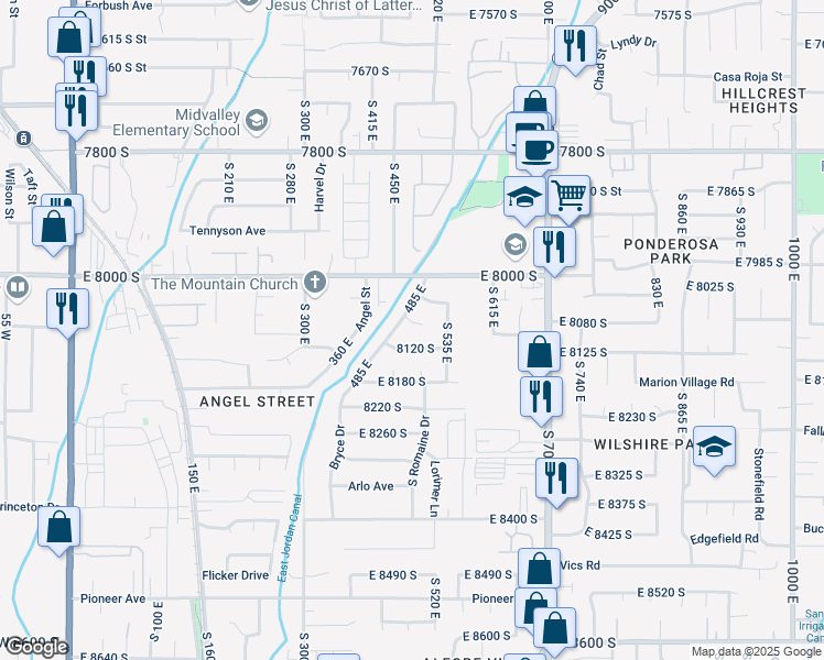 map of restaurants, bars, coffee shops, grocery stores, and more near 480 East Paty Circle in Sandy