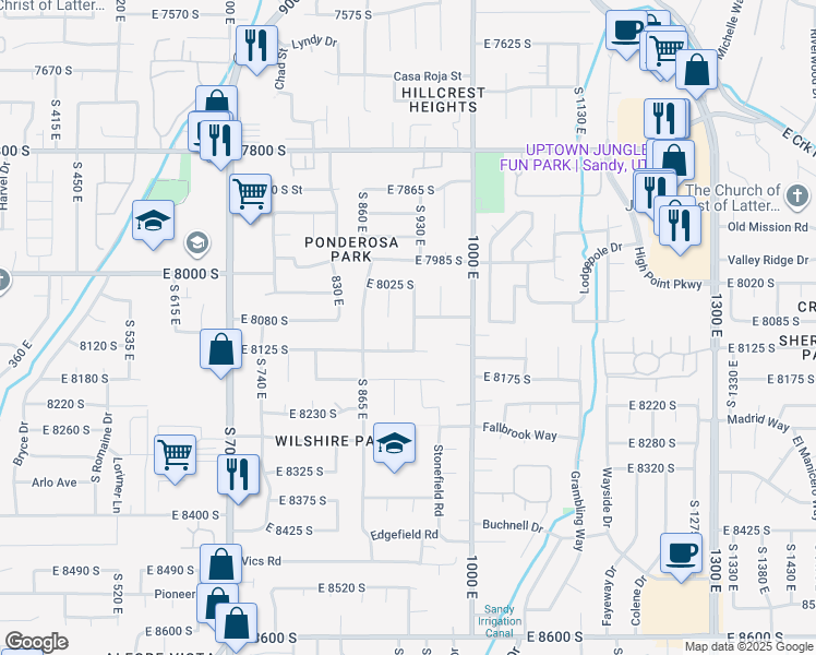 map of restaurants, bars, coffee shops, grocery stores, and more near 8092 Nighthawk Drive in Sandy