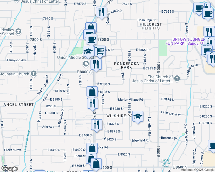map of restaurants, bars, coffee shops, grocery stores, and more near 760 East 8080 South in Sandy