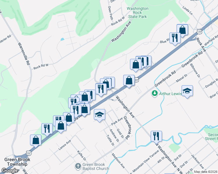 map of restaurants, bars, coffee shops, grocery stores, and more near 1106 Washington Avenue in Green Brook Township