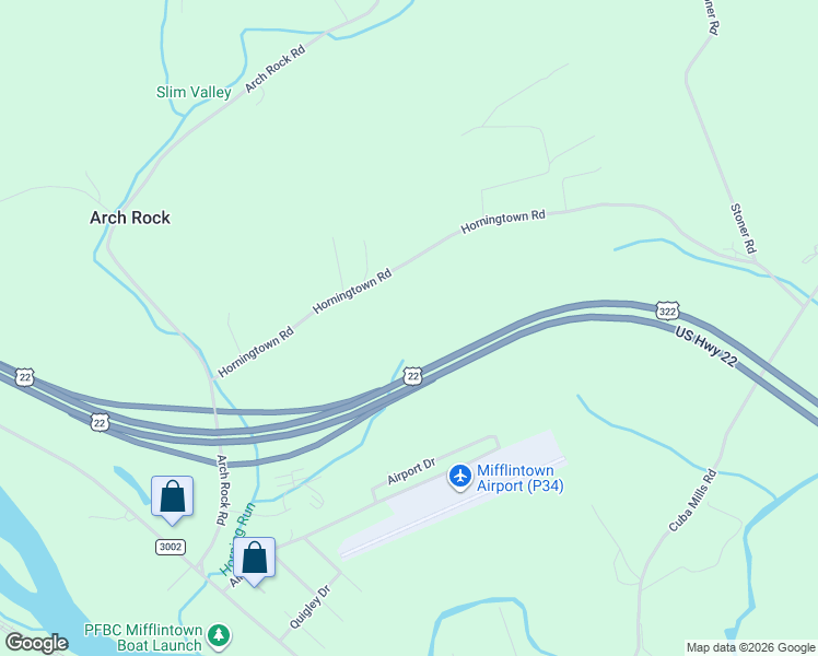 map of restaurants, bars, coffee shops, grocery stores, and more near 446 Horningtown Road in Mifflintown
