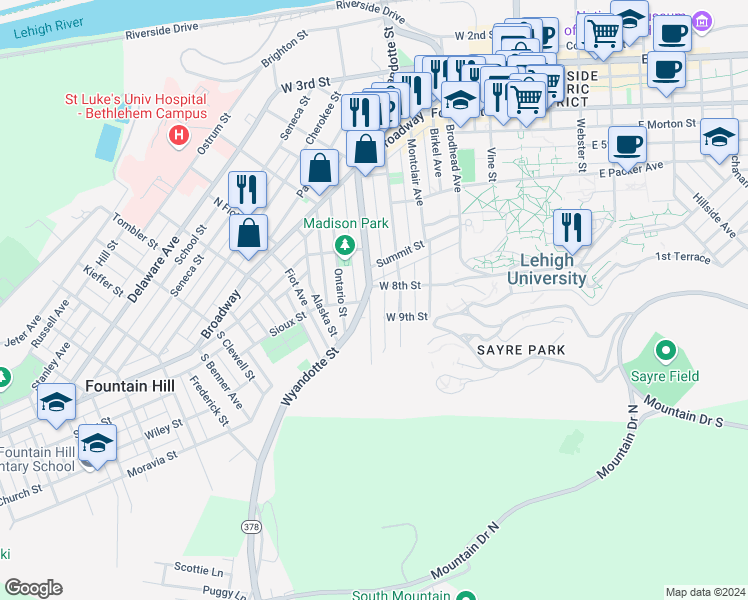 map of restaurants, bars, coffee shops, grocery stores, and more near 811 Vernon Street in Bethlehem