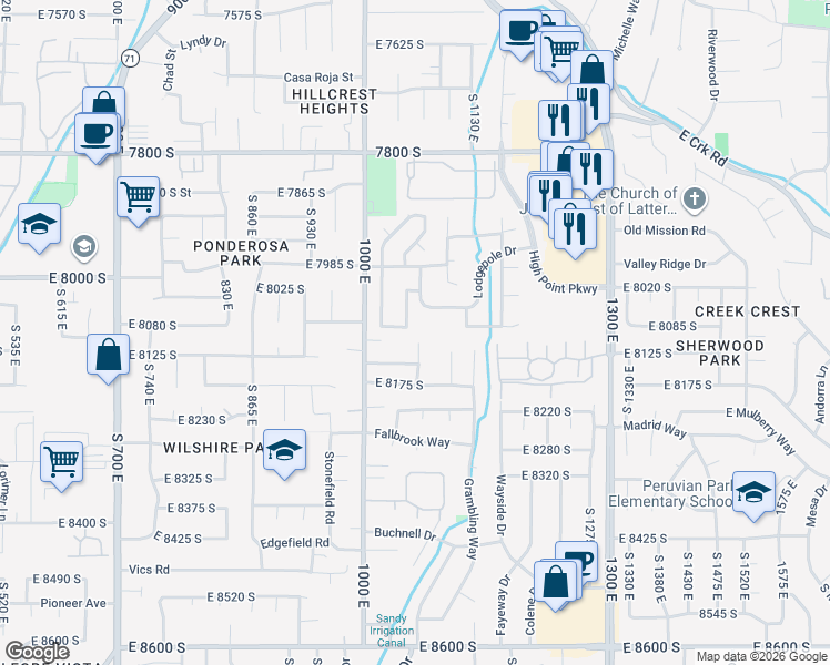 map of restaurants, bars, coffee shops, grocery stores, and more near 8051 Barnwood Way in Sandy