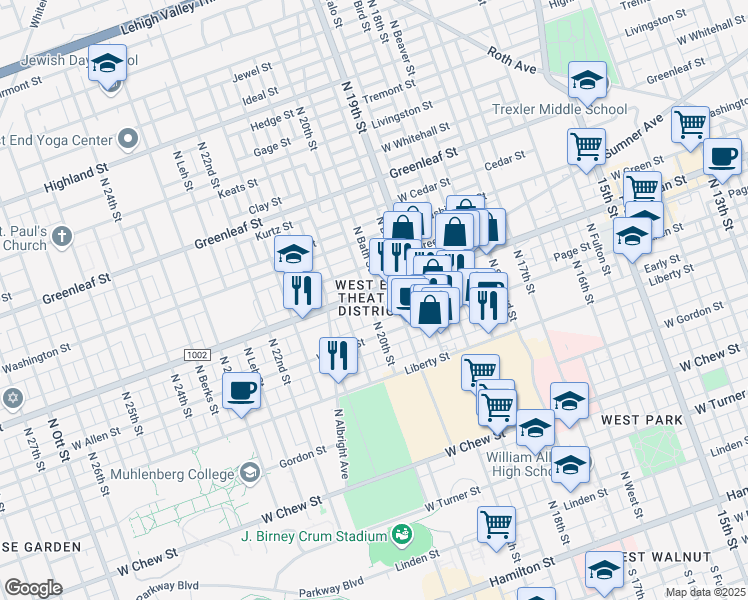 map of restaurants, bars, coffee shops, grocery stores, and more near 1948 West Tilghman Street in Allentown