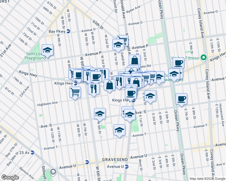 map of restaurants, bars, coffee shops, grocery stores, and more near 1752 West 2nd Street in Brooklyn