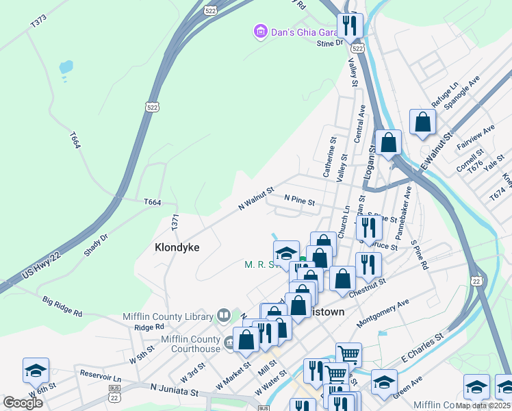 map of restaurants, bars, coffee shops, grocery stores, and more near 211 North Walnut Street in Lewistown