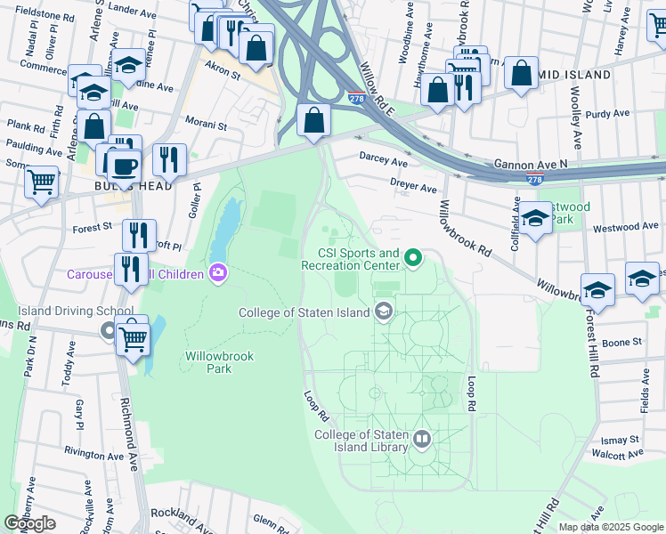 map of restaurants, bars, coffee shops, grocery stores, and more near 2800 Victory Boulevard in Staten Island