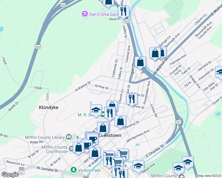 map of restaurants, bars, coffee shops, grocery stores, and more near 100 Pine Court in Lewistown