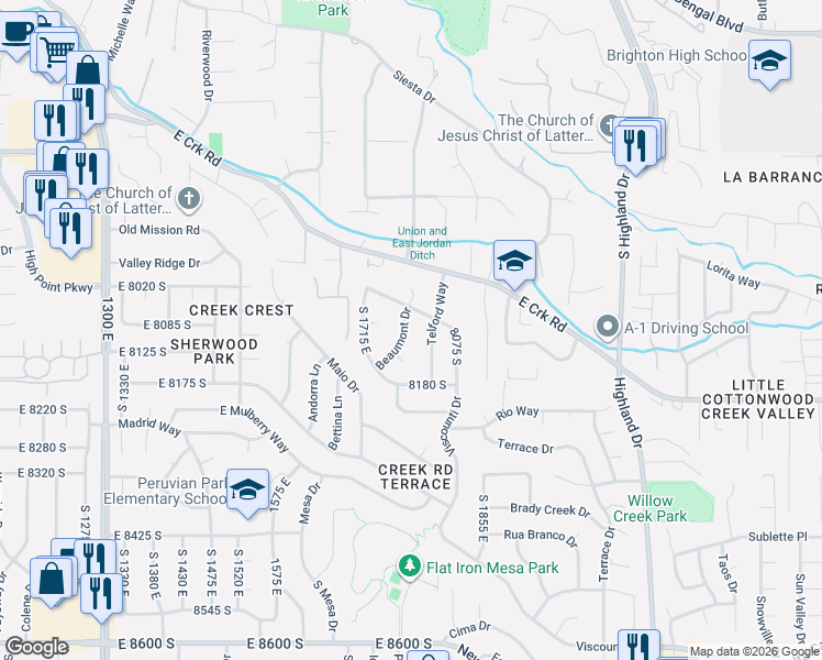 map of restaurants, bars, coffee shops, grocery stores, and more near 1760 Viscounti Drive in Sandy