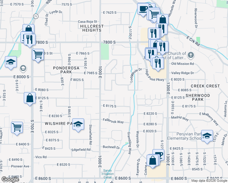 map of restaurants, bars, coffee shops, grocery stores, and more near 8051 Barnwood Way in Sandy