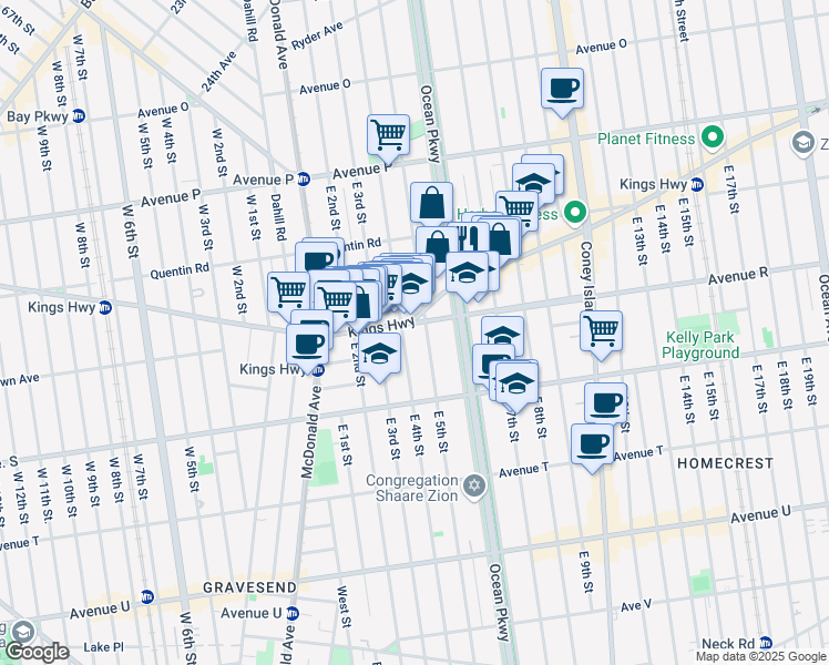 map of restaurants, bars, coffee shops, grocery stores, and more near 501 Avenue R in Brooklyn