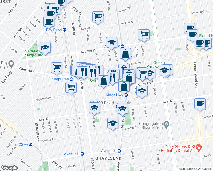 map of restaurants, bars, coffee shops, grocery stores, and more near 1752 West 2nd Street in Brooklyn