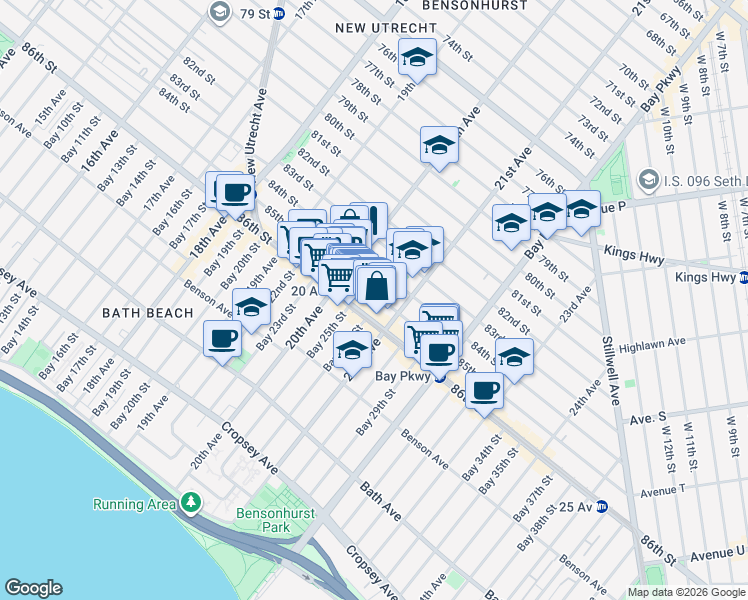 map of restaurants, bars, coffee shops, grocery stores, and more near 2032 84th Street in Brooklyn