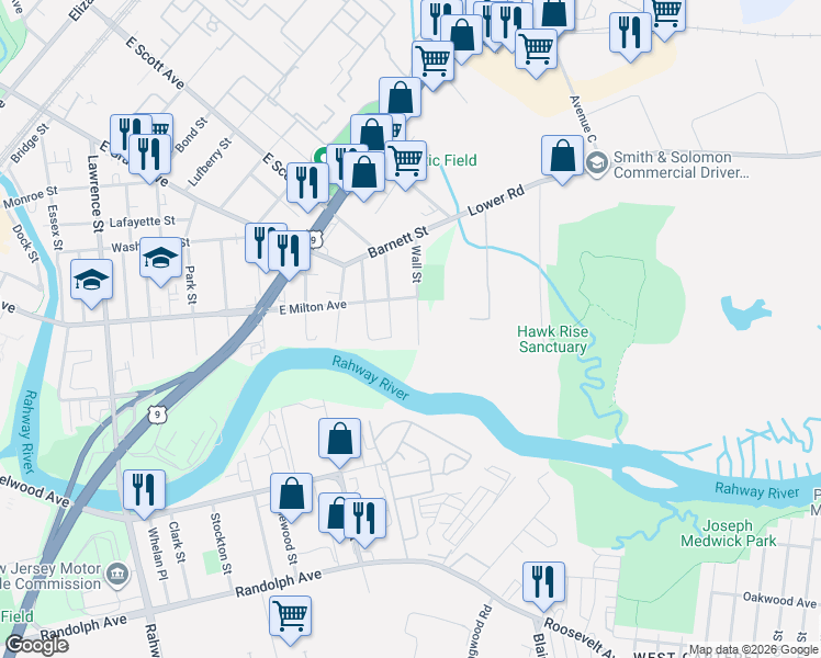 map of restaurants, bars, coffee shops, grocery stores, and more near 885 East Milton Avenue in Rahway