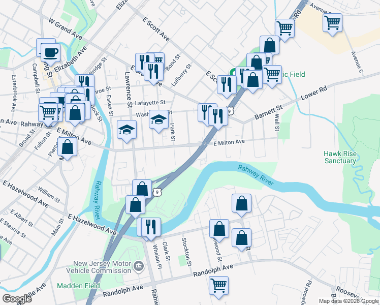 map of restaurants, bars, coffee shops, grocery stores, and more near 574 East Milton Avenue in Rahway