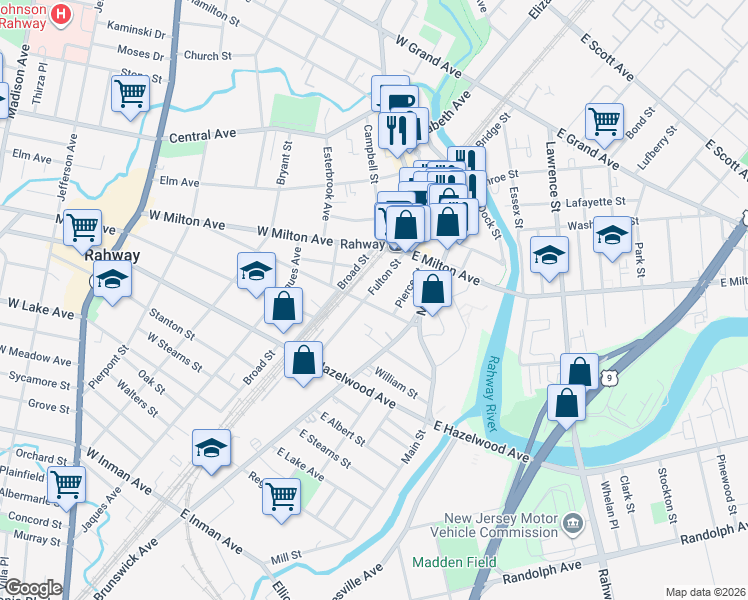 map of restaurants, bars, coffee shops, grocery stores, and more near 1287 Fulton Street in Rahway