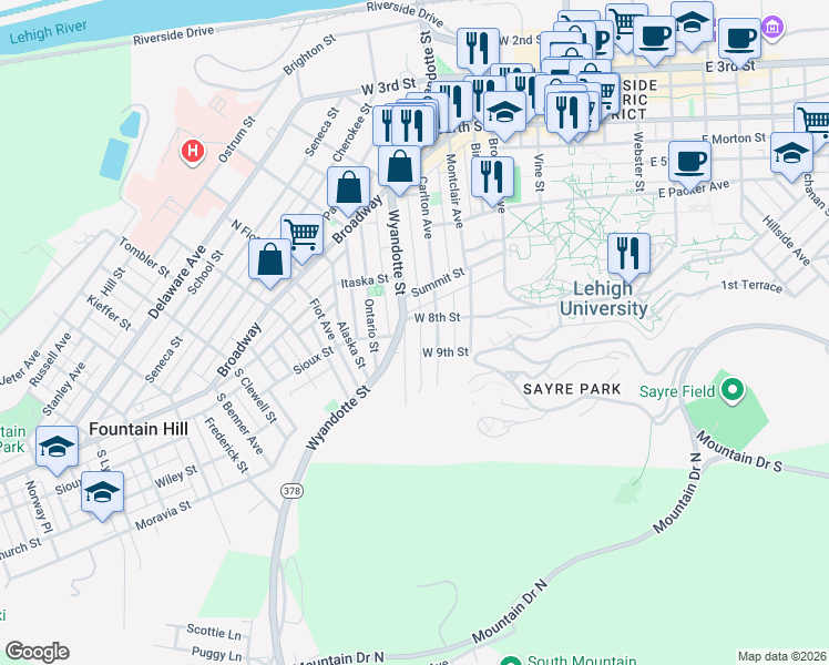 map of restaurants, bars, coffee shops, grocery stores, and more near 409 West 8th Street in Bethlehem