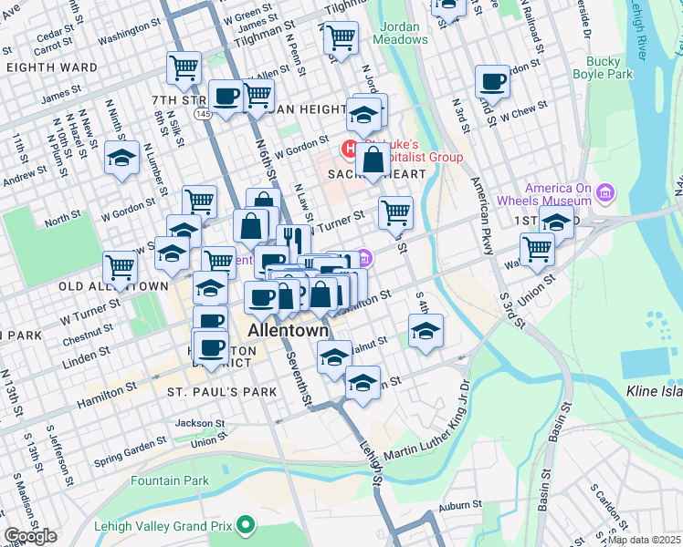 map of restaurants, bars, coffee shops, grocery stores, and more near 518 Chestnut Street in Allentown